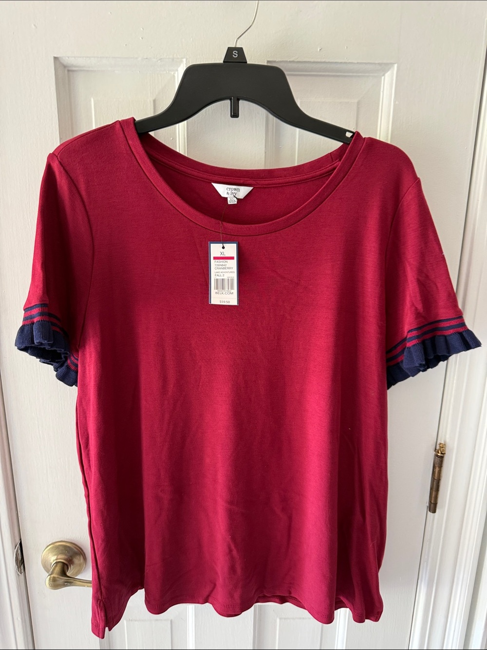 crown & ivy Berry Short Sleeve Tee with Navy Ruffle Cuffs